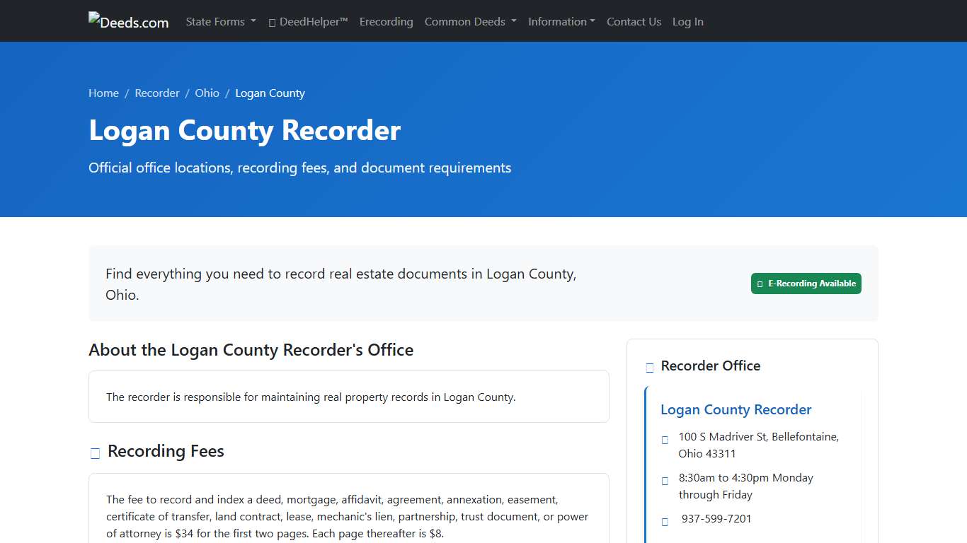 Logan County Recorder Information, Ohio - Deeds.com